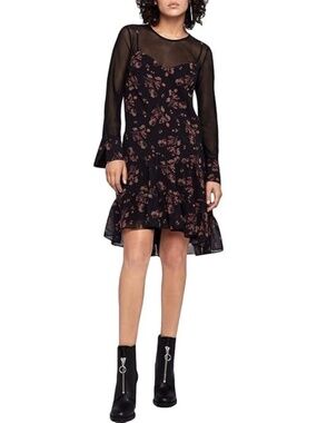 BCBGeneration Black Orange Mesh Long Sleeve Ruffle Dress – Size S